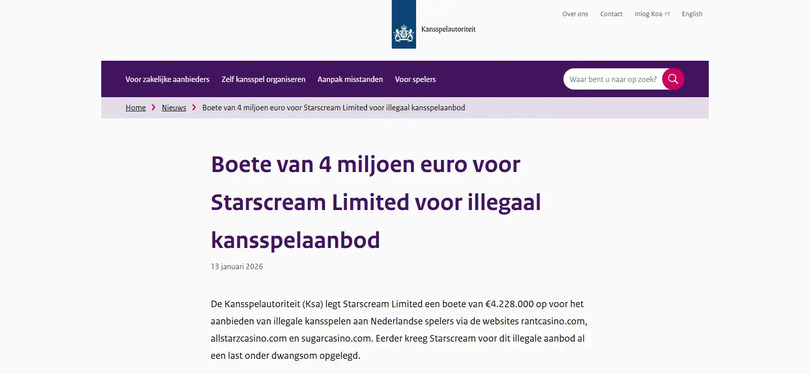 KSA-pagina over de boete voor Starscream Limited