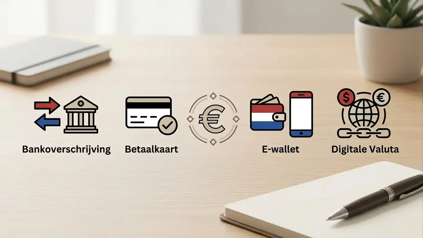 Neutrale illustratie van Nederlandse online betaalmethoden zonder specifieke betaalmerken