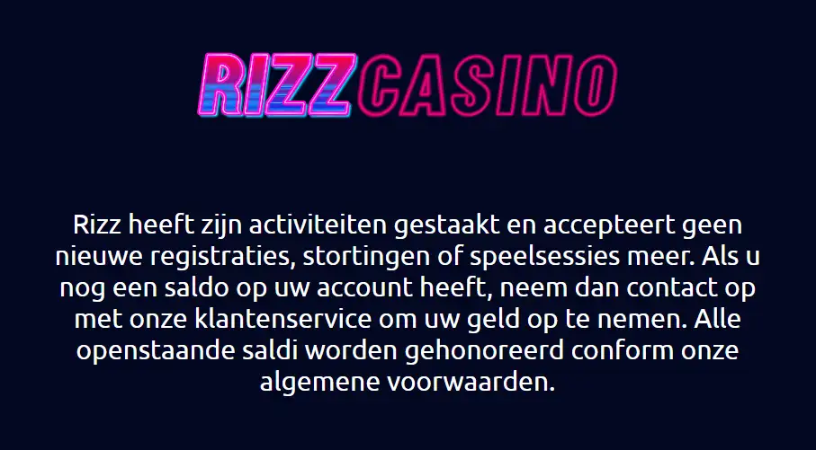 Officiële Rizz Casino melding over het beëindigen van de activiteiten
